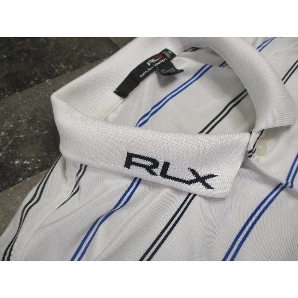 Ralph Lauren RLX Polo Shirt Mens XL White Blue Black Striped Golf Performance